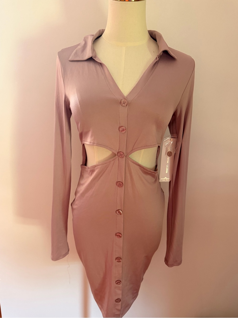 Long-Sleeve Cutout Button-Front Dress in Dusty Rose